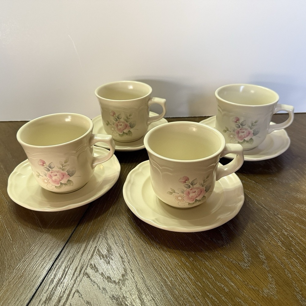 Pfaltzgraff Tea Rose 4 Cups &‎ Saucers Pink Floral Cottagecore Vintage USA